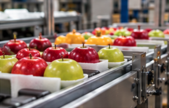 Apples in trays on an automated packing line